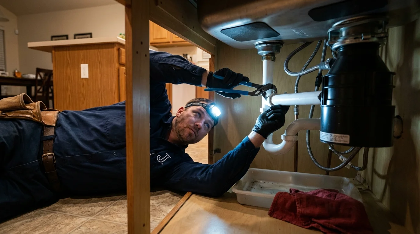 P-trap and supply line connections under a kitchen sink showing a common leak point in Westmoreland, NH